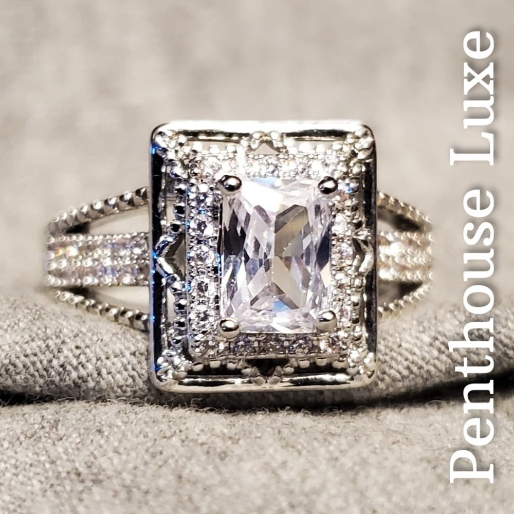 Penthouse Luxe Silver Rectangle Halo Crystal Ring